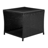 Luxe BukkitBow polyrattan bijzettafel met glasplaat en opbergvak, perfect voor buitengebruik.
