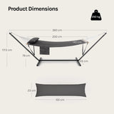 Luxe tweepersoons hangmat van BukkitBow met standaard, geschikt tot 250kg, comfortabel en stevig voor ontspannen lounge.