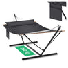 Luxe tweepersoons hangmat van BukkitBow met standaard, belastbaar tot 250kg, zacht en comfortabel voor twee personen.