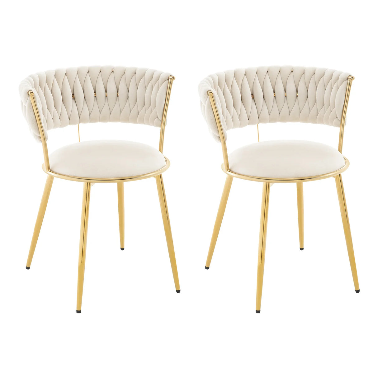 Twee BukkitBow luxe velvet eetkamerstoelen met goudkleurig onderstel, comfortabel en stijlvol voor moderne eethoeken.