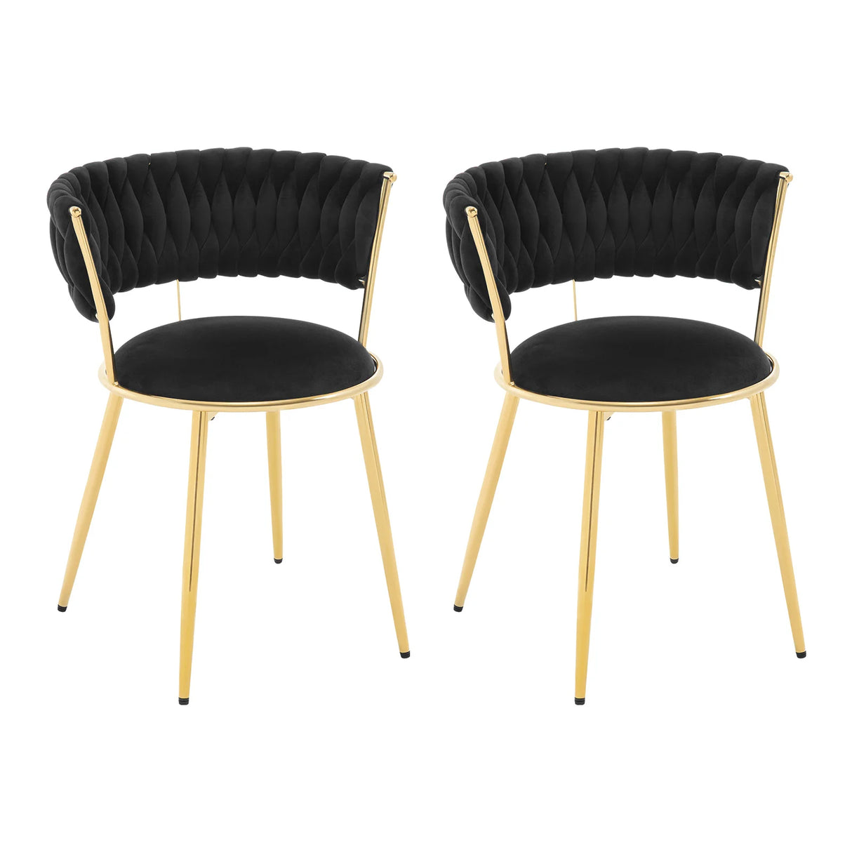 Twee luxe velvet eetkamerstoelen van BukkitBow met gouden onderstellen, modern design en comfortabele zitting.