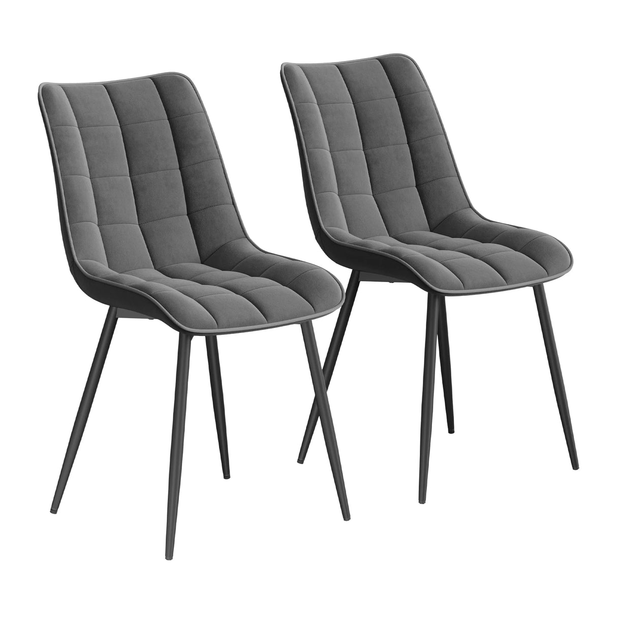Twee luxe velvet eetkamerstoelen van BukkitBow met metalen poten, comfortabel en stijlvol voor de eettafel.