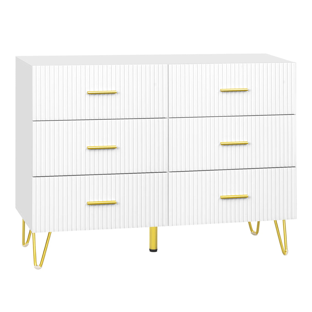 Luxe witte BukkitBow commode met 6 laden en gouden details, elegant meubel voor moderne slaapkamers.