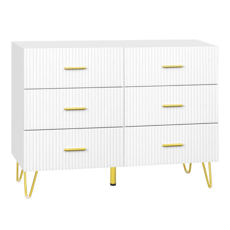 Luxe witte BukkitBow commode met zes laden en gouden details, elegante meubel voor moderne interieurstijl
