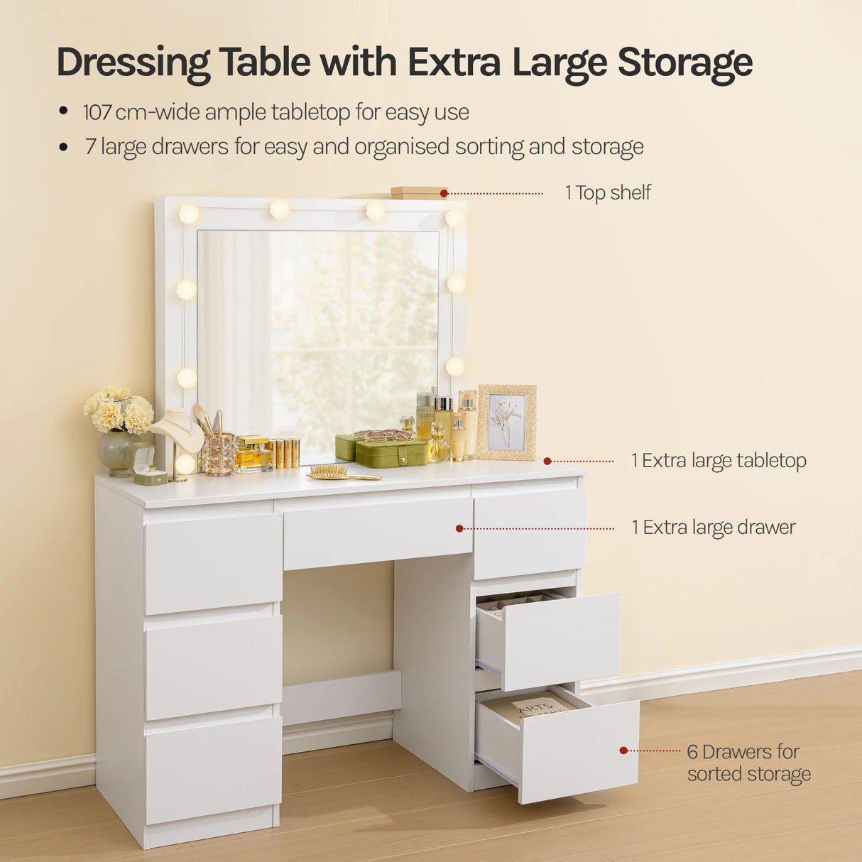 Luxe witte kaptafel van BukkitBow met LED-verlichting en 7 laden, modern design, geschikt voor slaapkamer of kleedkamer