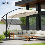 Luxe BukkitBow zwevende parasol van 310cm met slinger en beschermhoes, geschikt voor buitengebruik.