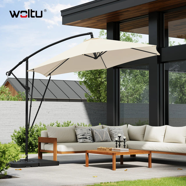Luxe BukkitBow zwevende parasol van 310cm met slinger en beschermhoes, geschikt voor buitengebruik.