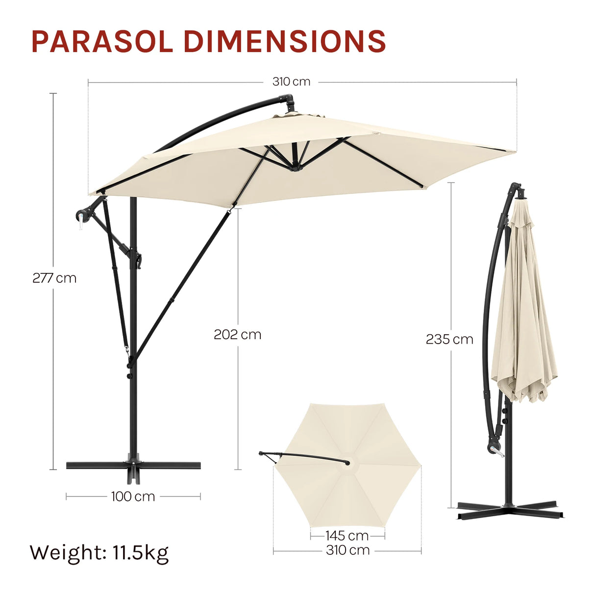 Luxe BukkitBow zwevende parasol van 310cm met slinger en beschermhoes, zwart en elegant voor buitengebruik