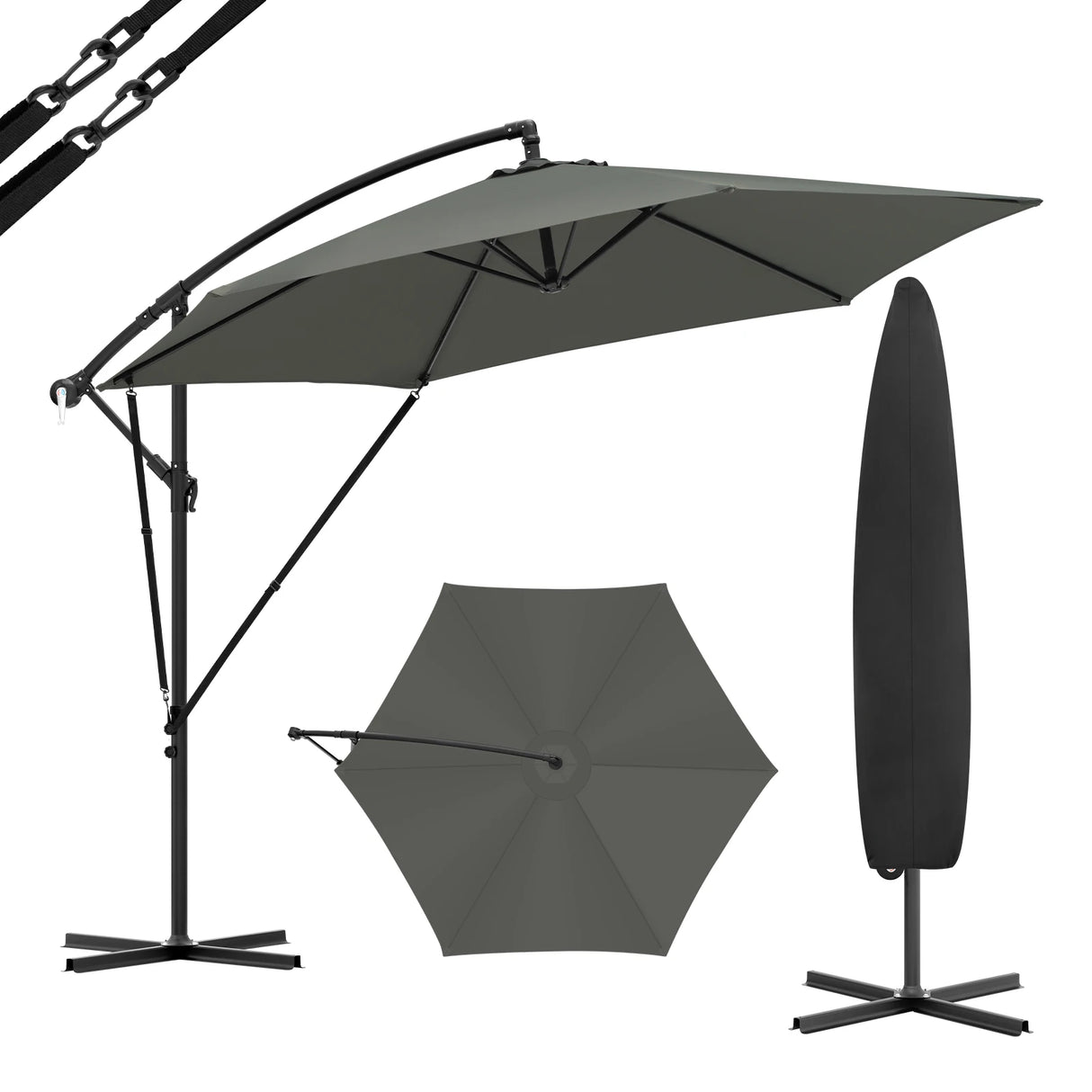 Luxe BukkitBow zwevende parasol van 310 cm met sling en beschermhoes, ideaal voor buitenplaatsen en terrassen.
