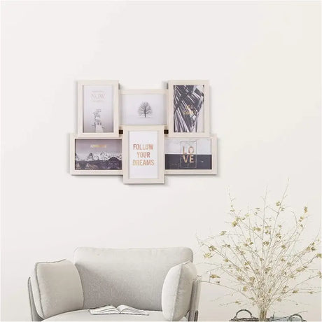 BukkitBow MDF 3D fotolijst collage in wit en eiken, klassiek ontwerp met plaats voor 6 foto's, decoratief en functioneel.