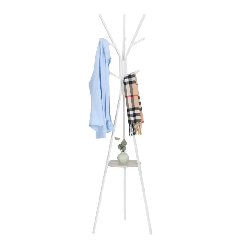 Wit BukkitBow metalen kledingrek met driehoekige frame, plank en negen haken, 180 cm hoog, ideaal voor garderobe en accessoires.
