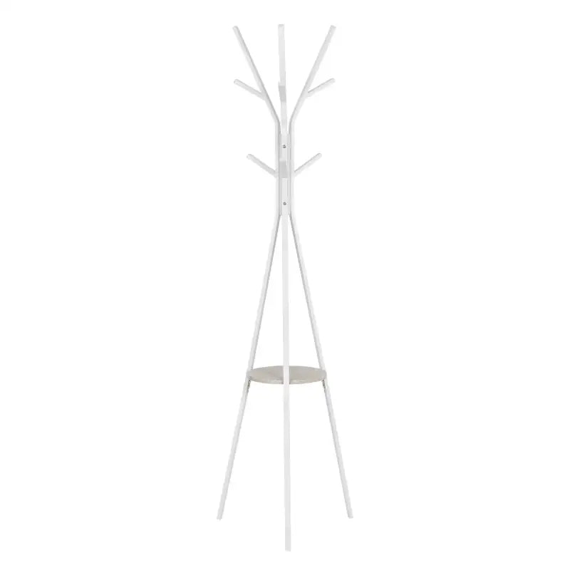 Wit metalen kledingrek BukkitBow met driehoek design, plankje en negen haken, 180 cm hoog voor jassen en accessoires