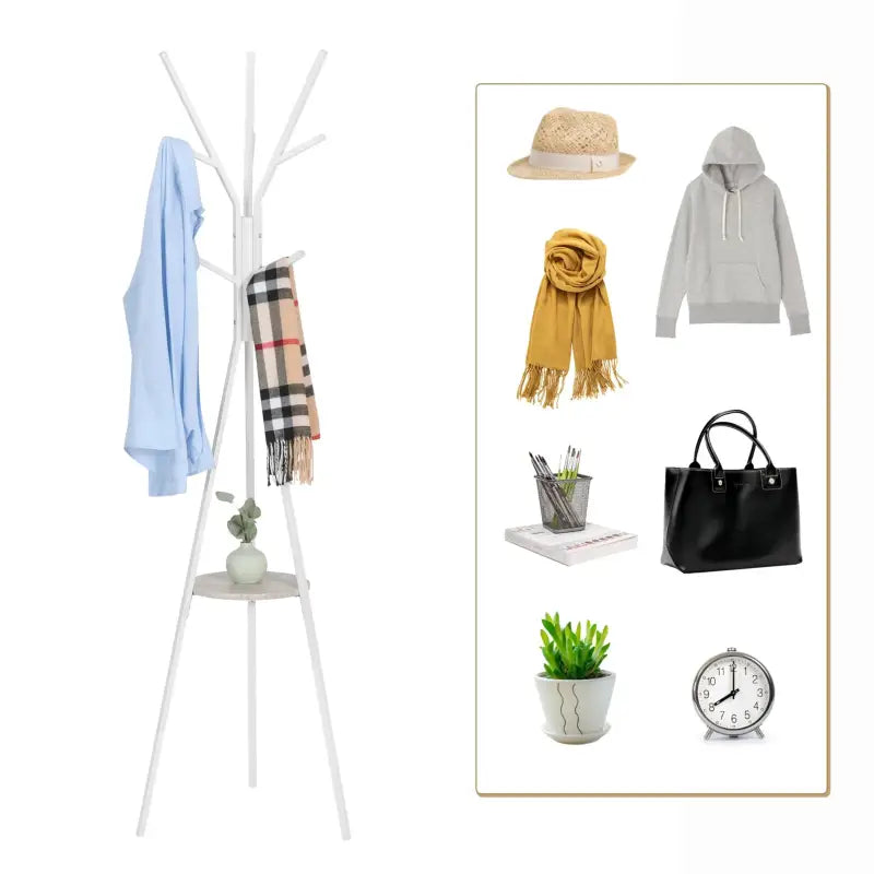 Wit metalen kledingrek BukkitBow met driehoekige constructie, plank en negen haken, 180 cm hoog voor kleding en accessoires.