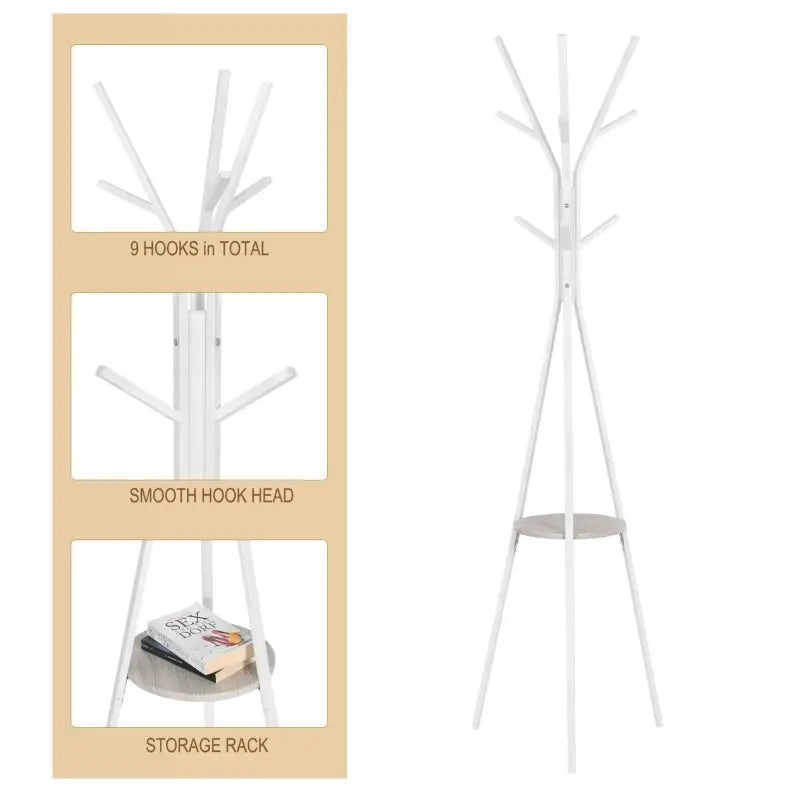 Wit metalen kledingrek van BukkitBow, driehoekig met plankje en negen haken, 180 cm hoog voor kleding en accessoires.