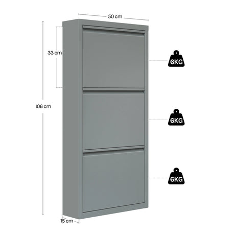 Metalen schoenenkast van BukkitBow met 3 kleppen, smal en kantelbaar, ideaal voor schoenenopslag.