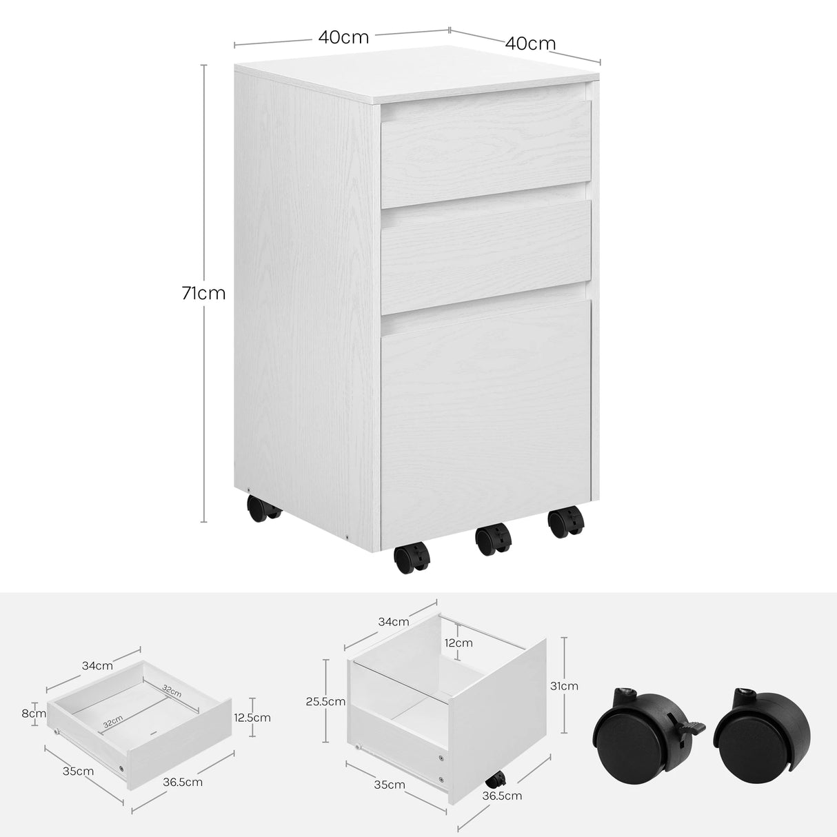 BukkitBow mobiele archiefkast met 3 laden, wielen en rolcontainer voor kantoor en woonkamer, bureau organizer.