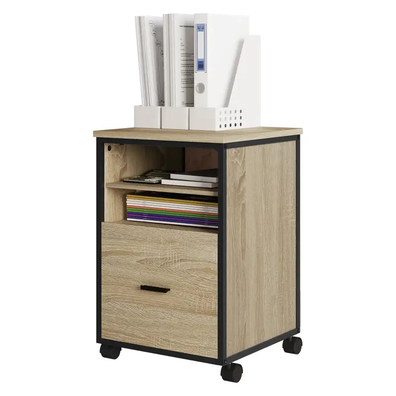 BukkitBow compacte metalen archiefkast met eikenhouten details, 2 planken en lade, zwart, 40x40x60 cm, multifunctioneel meubel.