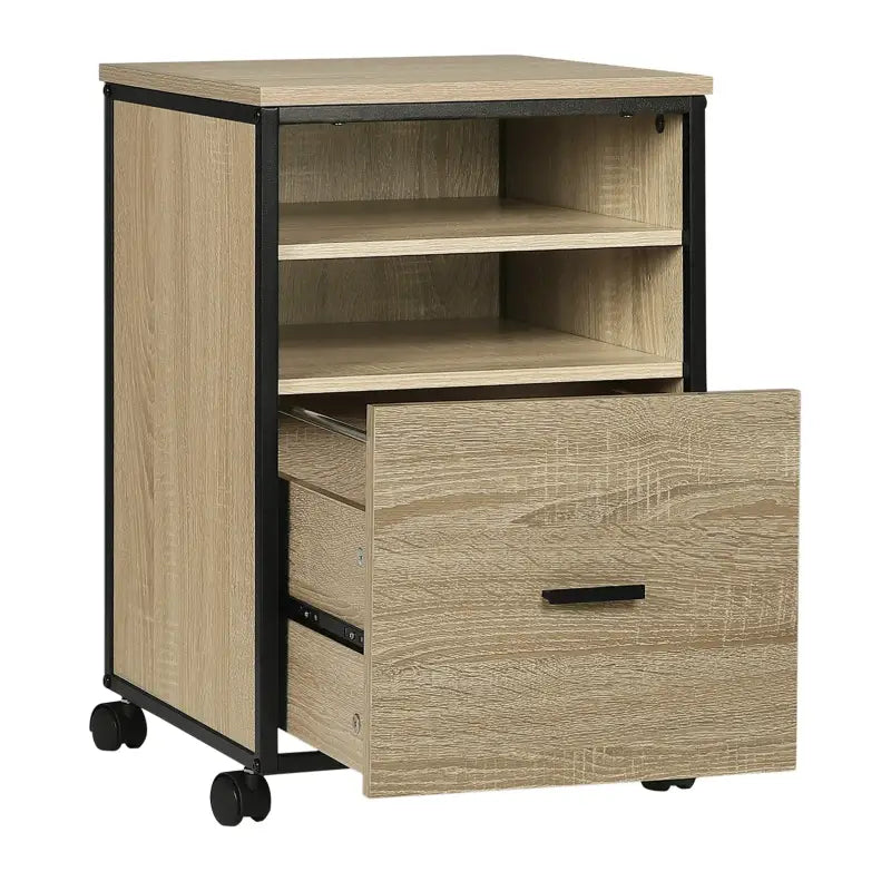 Zwarte BukkitBow mobiele compacte archiefkast met eikenhouten top, 2 planken en lade, geschikt als bijzet- of nachtkastje.