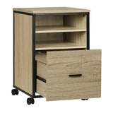 Zwarte BukkitBow mobiele compacte archiefkast met eikenhouten top, 2 planken en lade, geschikt als bijzet- of nachtkastje.