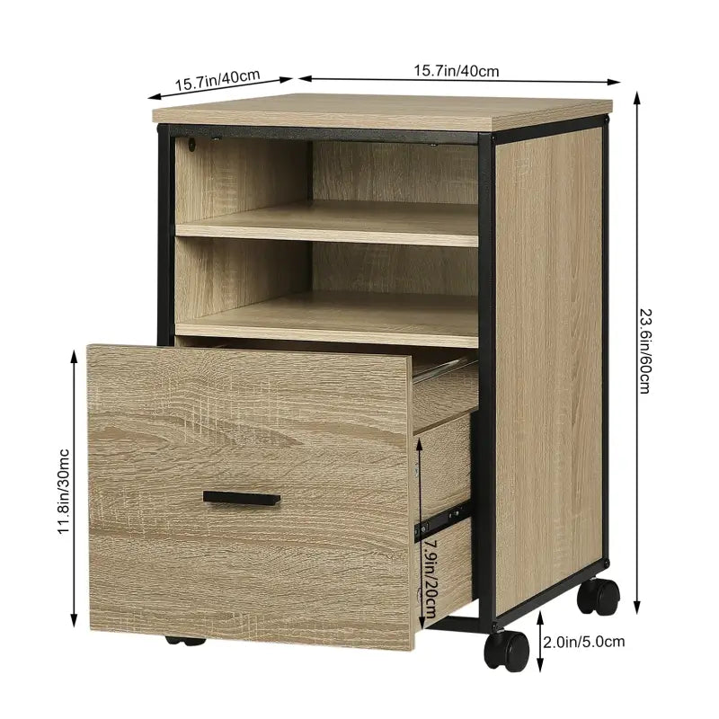 BukkitBow compacte zwarte metalen archiefkast met eikenhouten details, 2 planken en lade, multifunctioneel bijzet- of nachtkastje.