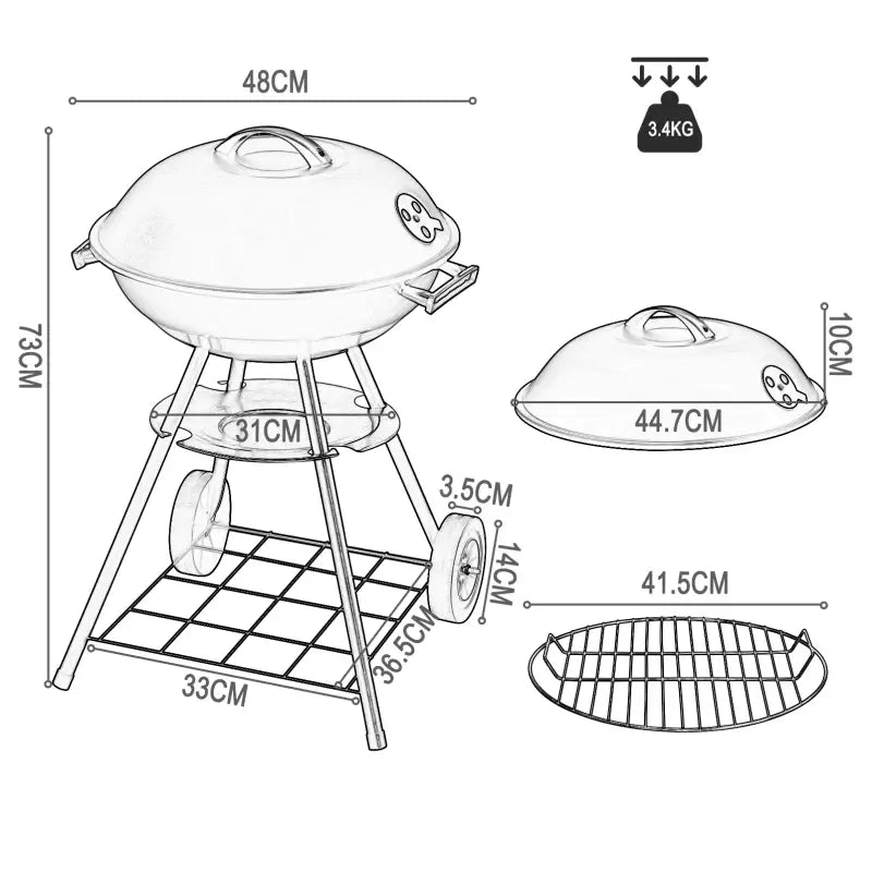 BukkitBow mobiele houtskoolbarbecue met metalen en kunststof onderdelen, 44x73 cm, 41,5 cm grilloppervlak, ideaal voor buiten.