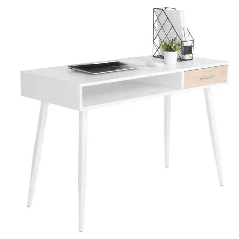 Modern BukkitBow bureau met lade en open opbergruimte, compact formaat 50x110x75cm, ideaal voor thuis of kantoor.