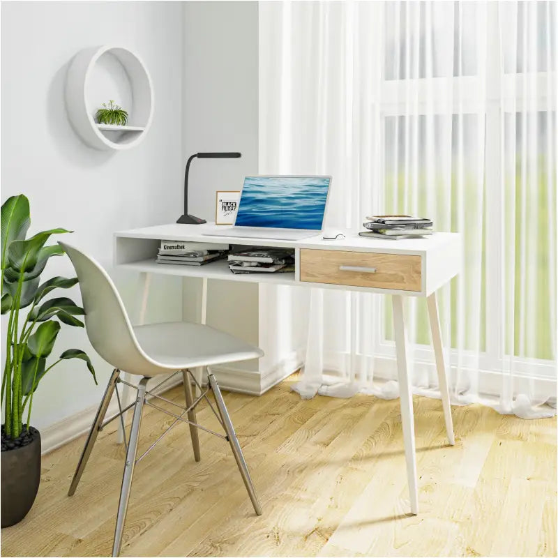 BukkitBow modern bureau met lade en open opbergruimte, compact ontwerp, afmetingen 50x110x75cm, geschikt voor kantoor of thuis.