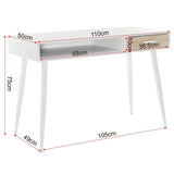 BukkitBow modern bureau met lade en open opbergruimte, compact ontwerp, afmetingen 50x110x75cm, ideaal voor thuis of kantoor.