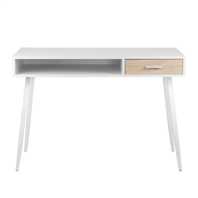 BukkitBow modern bureau met lade en open opbergruimte, compacte afmetingen 50x110x75cm, geschikt voor thuis of kantoor.