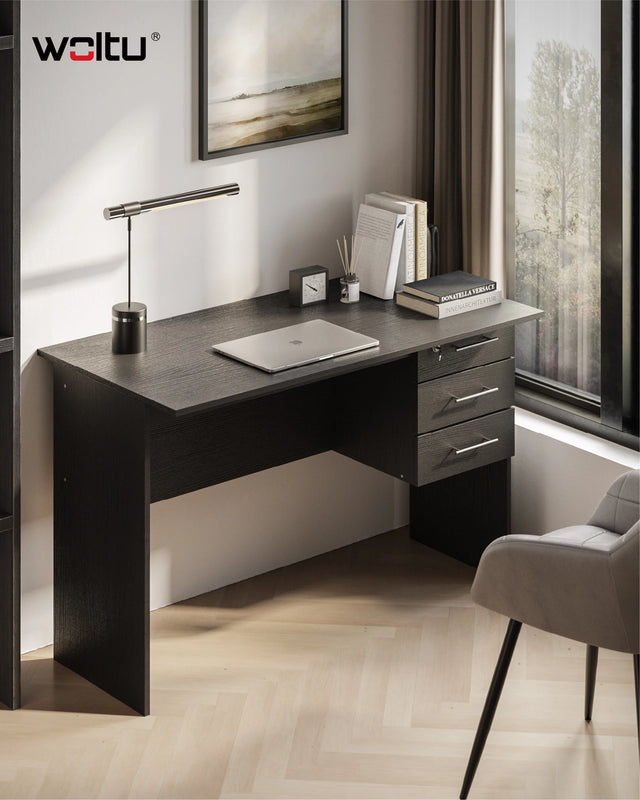 Modern BukkitBow bureau met 3 laden en slot, 120 cm breed, strak design en stevige constructie voor kantoorruimtes.
