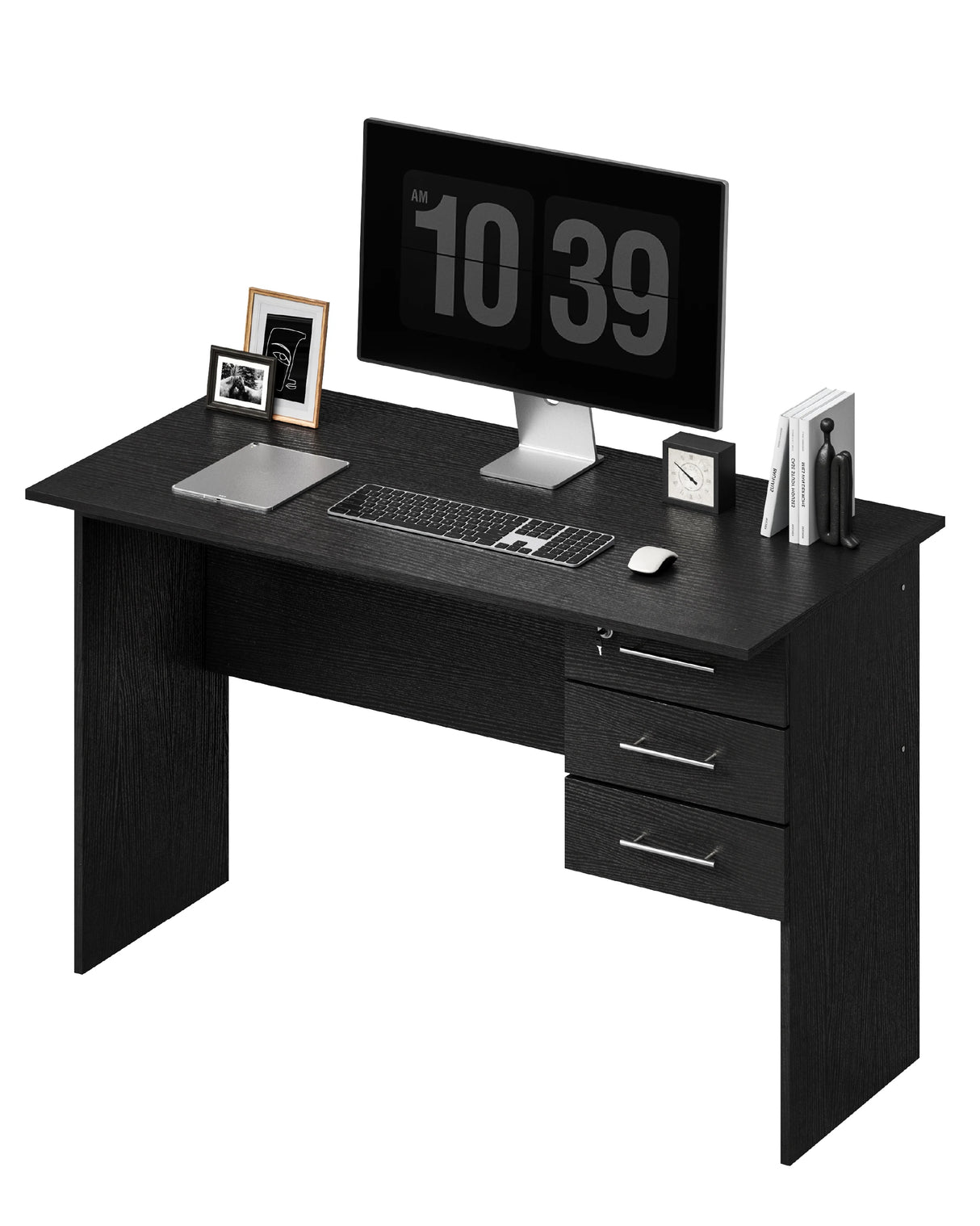 Moderne BukkitBow bureau van 120cm breed met 3 laden en slot, zwart houten afwerking, perfect voor kantoor of thuisgebruik.