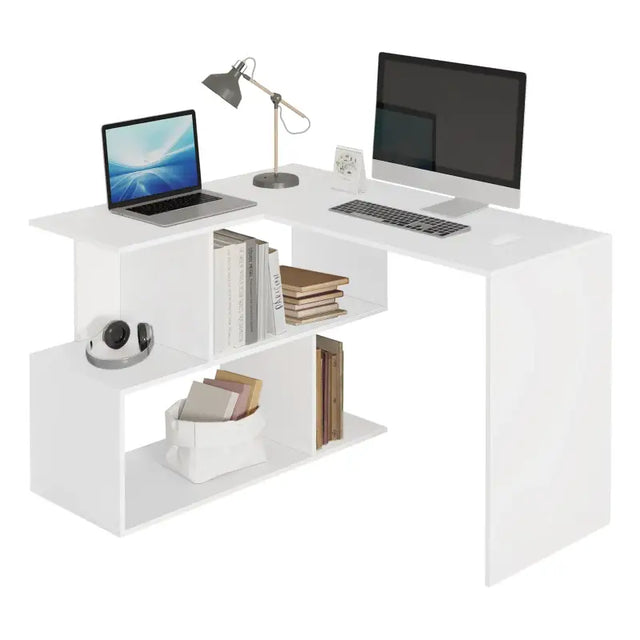 BukkitBow modern hoekbureau met opbergkast, in wit of zwart, stabiel en ruim ontwerp, 100x40cm of 80x50cm, voor thuis of kantoor