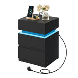 Modern BukkitBow nachtkastje met RGB LED-verlichting en geïntegreerde laadstation, zwart hout met strakke design en handgrepen.