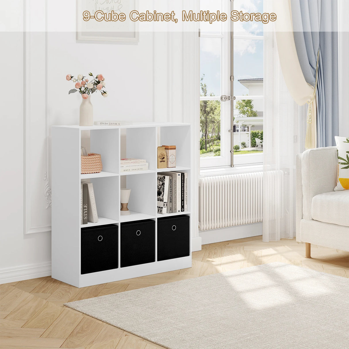 Moderne BukkitBow vakkenkast met open vakken en drie stoffen laden, ideaal als boekenkast of opbergkast in huis.