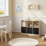 Moderne BukkitBow vakkenkast met drie stoffen laden en open schappen, ideaal voor boeken en decoratie.