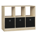 Moderne BukkitBow vakkenkast met drie stoffen laden en open vakken, ideaal voor boeken en decoratie in de woonkamer.