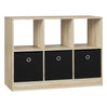 Moderne BukkitBow vakkenkast met drie stoffen laden en open vakken, ideaal voor boeken en decoratie in de woonkamer.