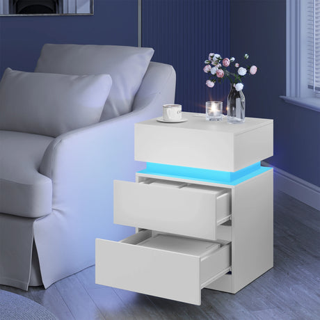 Modern wit BukkitBow nachtkastje met RGB LED-verlichting en USB-poorten, gezicht op de voorkant met lades en verlichting.