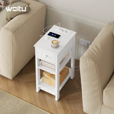 Wit nachtkastje van BukkitBow met stopcontact en USB-poorten, smal modern design, geschikt voor slaapkamer of woonkamer.