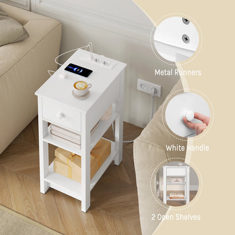 Wit BukkitBow nachtkastje met stopcontact en USB-poorten, smal modern ontwerp, meubel voor slaapkamer of woonkamer