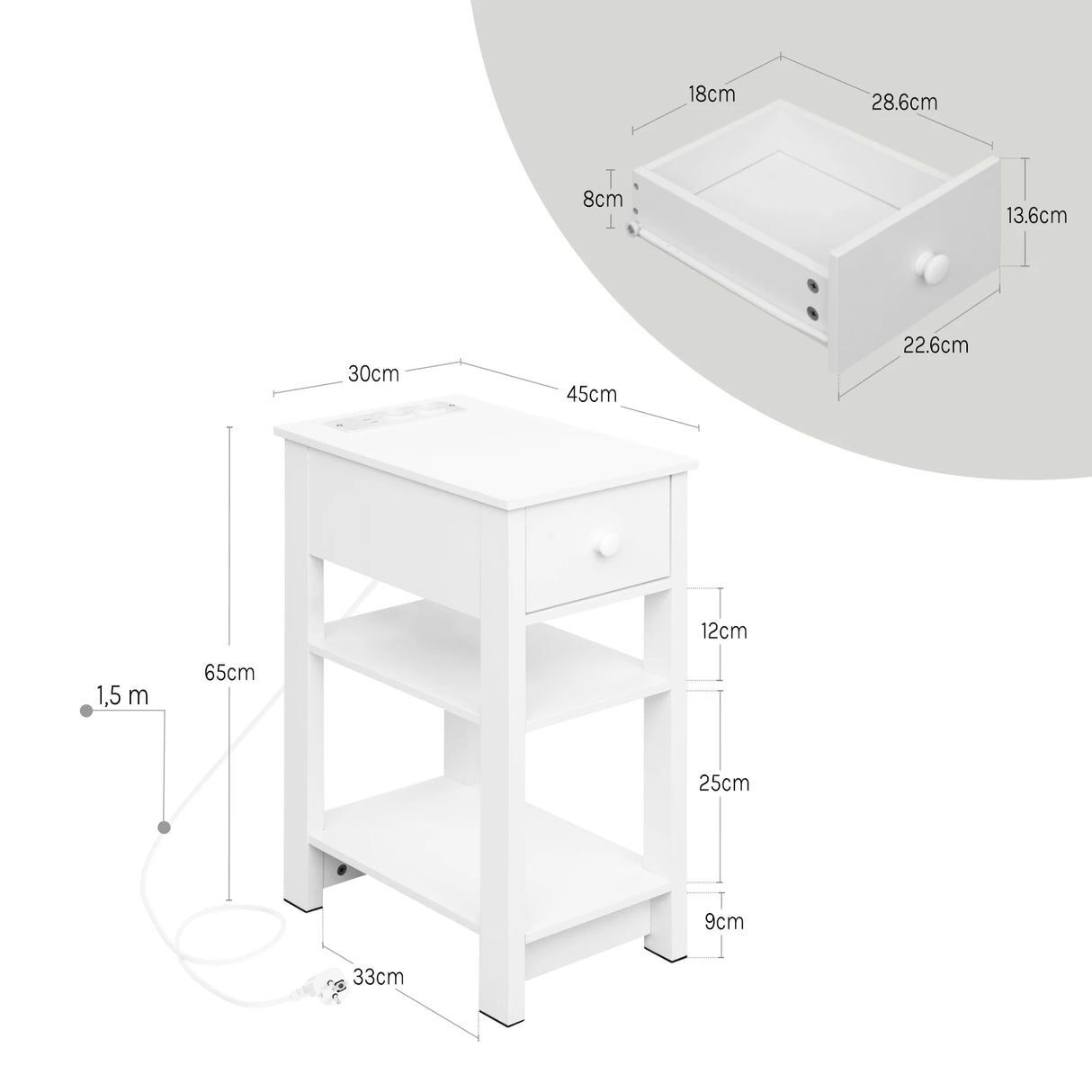 Wit BukkitBow nachtkastje met stopcontact en USB-poort, smal design, modern stijl en compact formaat voor naast het bed.