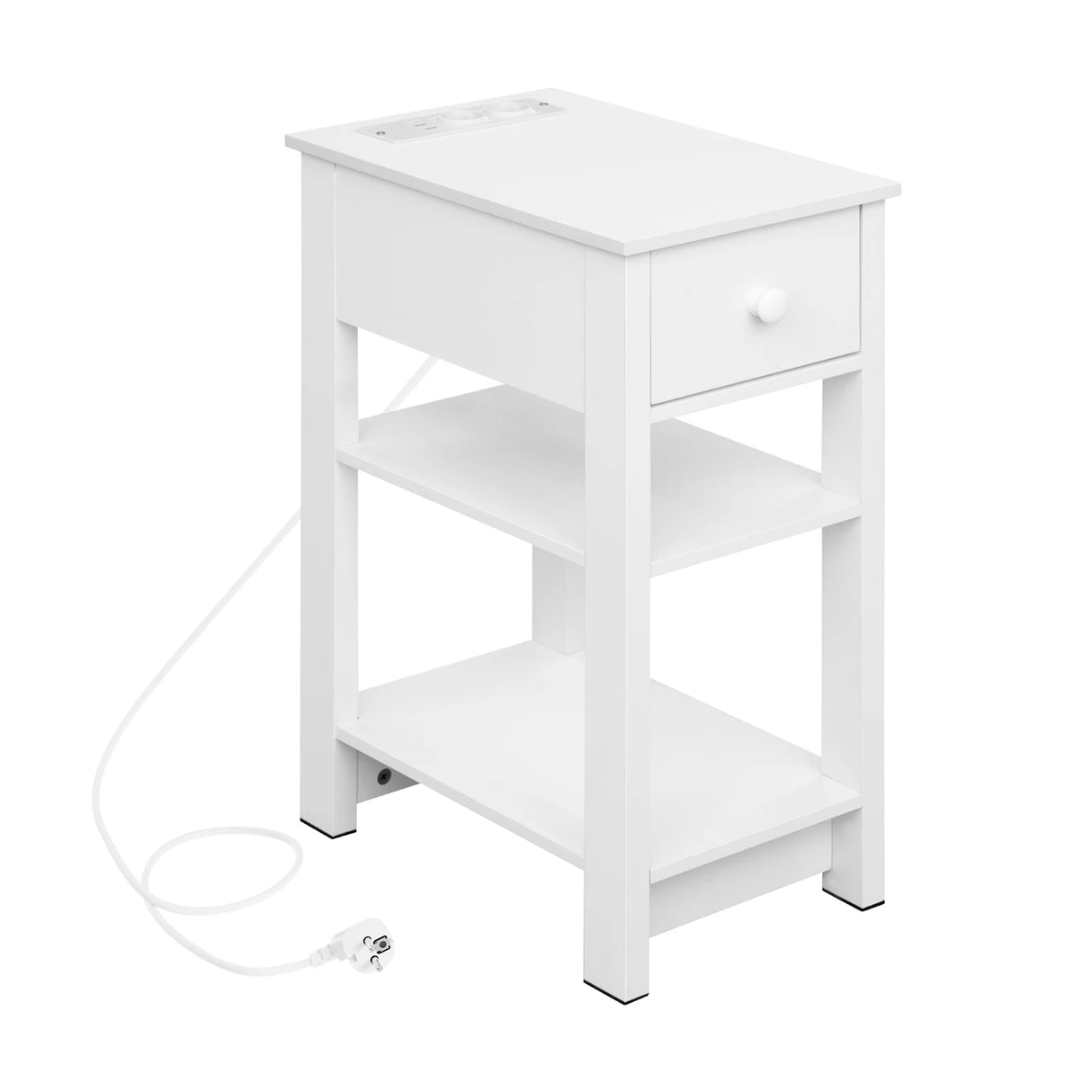 Modern wit BukkitBow nachtkastje met stopcontact en USB-poort, smal design, geschikt voor slaapkamer of woonkamer