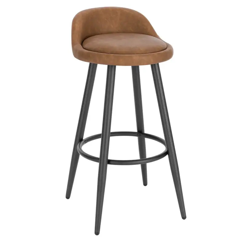 Moderne BukkitBow barkruk met faux leer of fluweel, houten onderstel en verstelbare voetpads voor hoge zitcomfort.