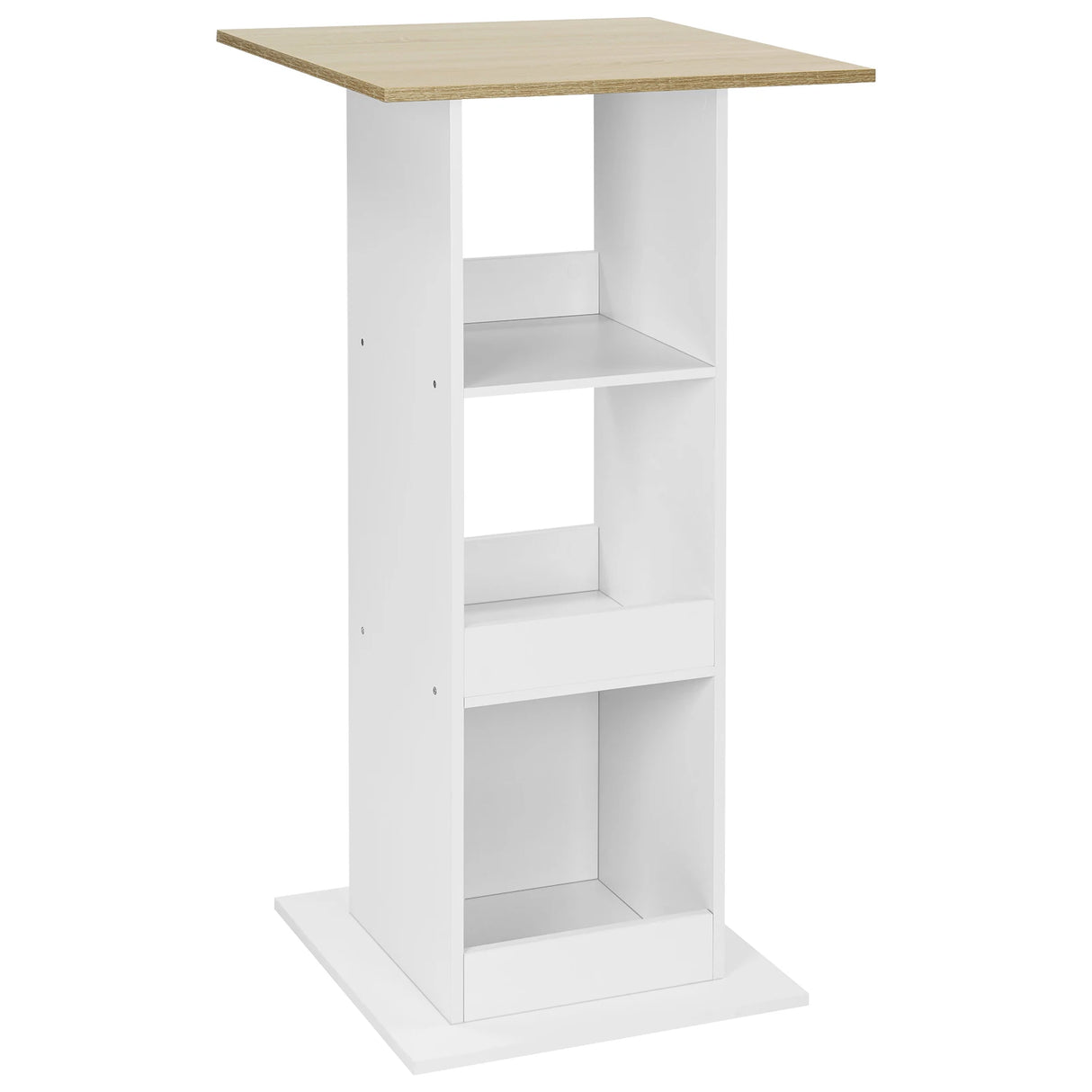 Moderne BukkitBow bartafel van 60x60 cm met drie opbergvakken, geschikt voor in huis of horeca, met strakke uitstraling.