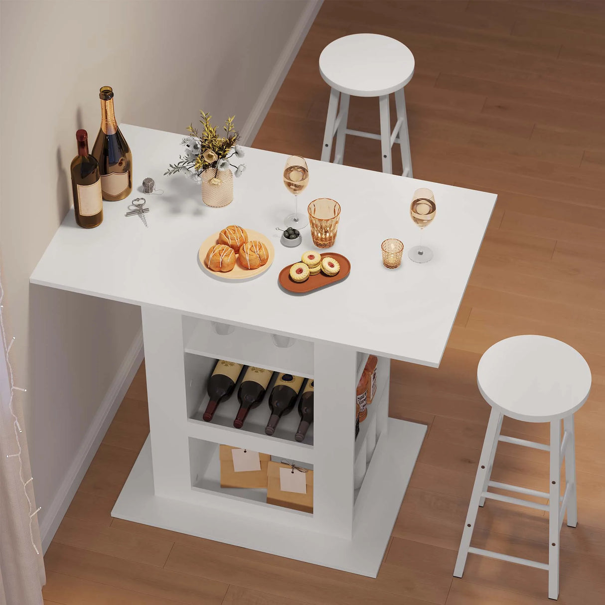Moderne BukkitBow bartafel van 105cm met opbergruimte en wijnrek, ideaal voor gezellige eethoeken en bars.