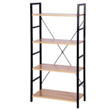 Moderne BukkitBow boekenkast met zwarte metalen structuur en licht eikenhouten planken, 4 lagen, afmetingen 60x28x116 cm.