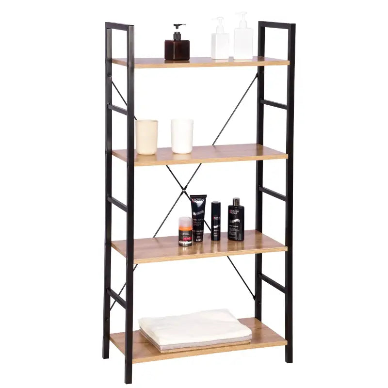 Moderne zwarte boekenkast BukkitBow met vier lagen, metalen frame en licht eikenhouten planken, afmetingen 60x28x116 cm.