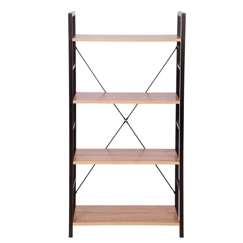 Moderne BukkitBow boekenkast met 4 lagen, zwart metalen frame en licht eikenhouten planken, afmeting 60x28x116cm.