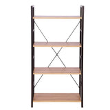 Moderne BukkitBow boekenkast met 4 lagen, zwart metalen frame en licht eikenhouten planken, afmeting 60x28x116cm.