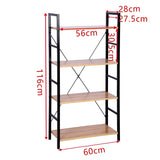 Moderne BukkitBow boekenkast met 4 lagen, zwart metalen frame en licht eikenhouten planken, afmetingen 60x28x116cm.